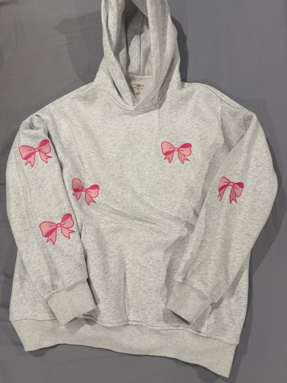 Sunkissed Coconut - Light Gray Hoodie with Pink Bow Embroidery